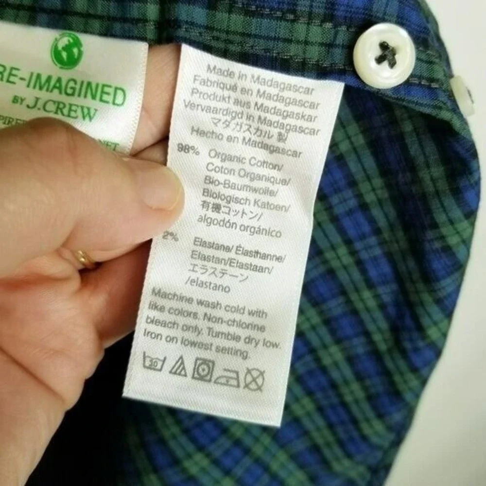 J. Crew Mens Stretch Secret Wash‎ Shirt Pine Plaid Organic Cotton Button Up M